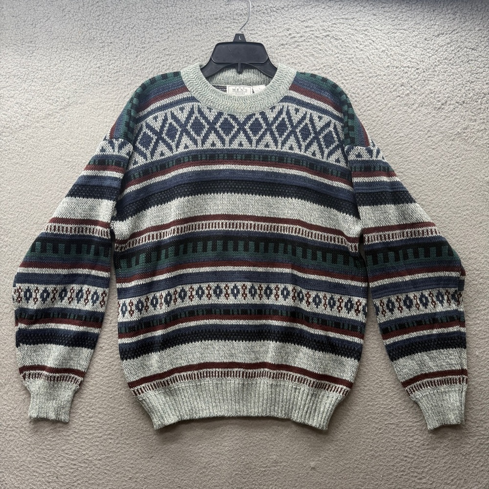 Vintage 90s The Men's Store Sears Sweater Blue Green Cream Geometric Knit Size L